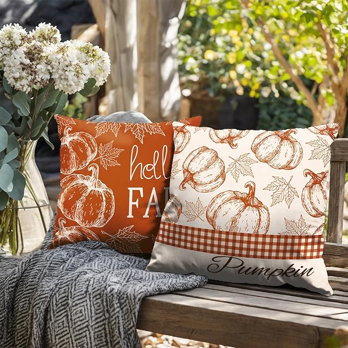 Hello Fall Pumpkin Pillow Covers 16x16 Set of 2 Autumn Maple Leaves Burnt Orange Outdoor Throw Pillows Case Farmhouse Thanksgiving Decorative Cushion Covers for Home Couch Sofa