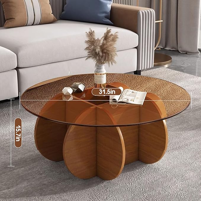 Modern Round Coffee Table with Solid Wood Legs,31.5'' Glass Coffee Tables for Living Room Rustic Circle Center Cocktail Table with Tempered Glass-Top,for Small Spaces, Unique | Modern, Living Room, Rustic, Center, Unique, Small Spaces