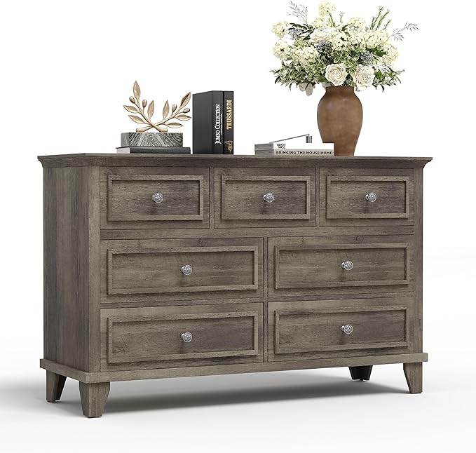IDEALHOUSE 7 Drawer Dresser, Large Wooden Storage Chest of Drawers with Exquisite Metal Handles, 47" Wide Dresser TV Stand, Drawer Organizer for Bedroom, Living Room, Hallway, Entryway, Grey