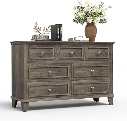 GarveeHome Grey Dresser for Bedroom, 7 Drawer Dresser, Wooden Chest of Drawers with Deep Drawers, 47 in Long Dressers TV Stand, Modern Dressers Organizer with Vintage Handle for Living Room, Hallway