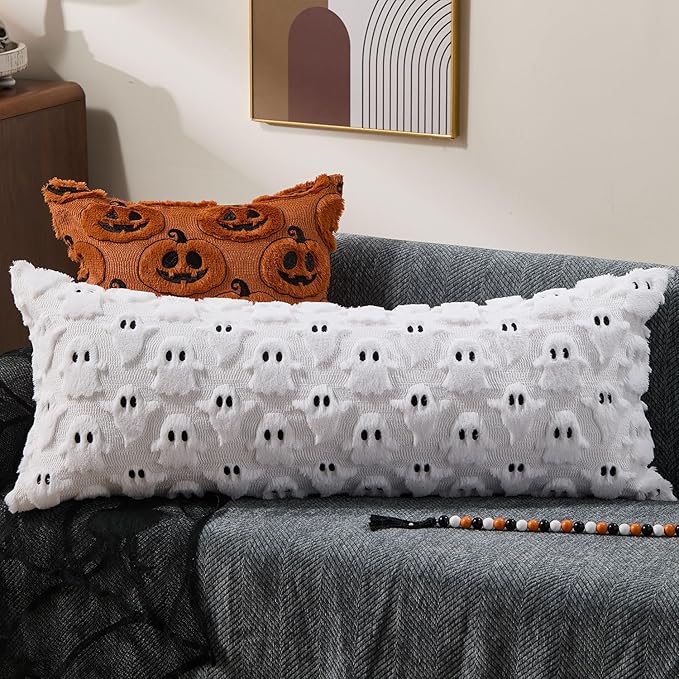DFXSZ Halloween Pillow Covers 14x36 inch White Ghost Throw Pillow Cases Soft Plush Faux Fur Wool Couch Cushion Case for Chair Sofa Bedroom Living Room Home Decor PTK03A14