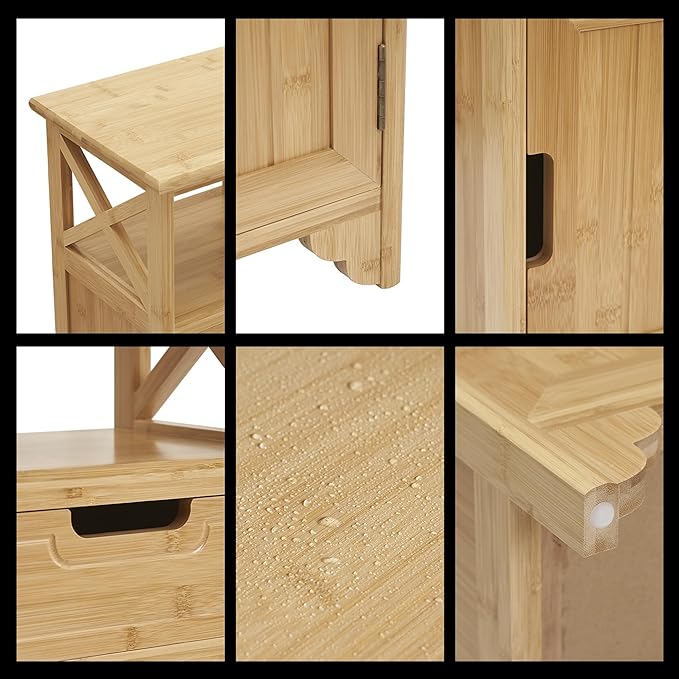 Fully Assembled 30" High Bamboo End Side Table, Preassembled Bathroom Floor Cabinet, Tall Nightstand for Bedroom