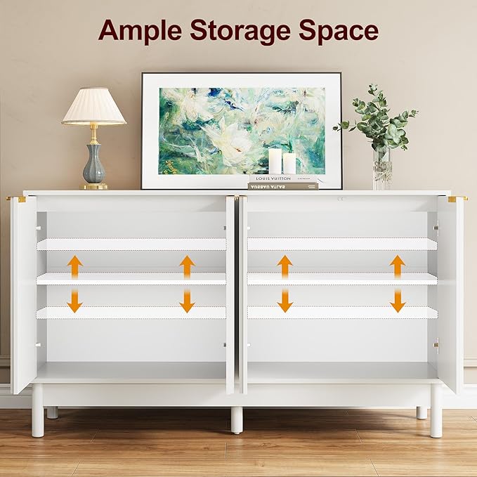 RoyalCraft 55'' Buffet Cabinet with Storage, Fluted Sideboard with Doors and Adjustable Shelves, Wood Credenzas Console Table, Coffee Bar Cabinet for Kitchen, Dining Room, Living Room, White