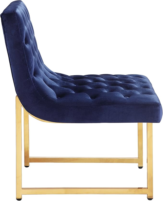 Iconic Home Moriah Accent Chair Sleek Elegant Tufted Velvet Upholstery Plush Cushion Brass Finished Polished Metal Frame, Contemporary Modern, Navy