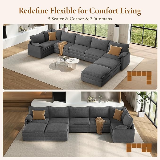 Vesgantti Large Modular Sectional Sofa, Big Comfy Cloud Couch with Ottoman Deep Seat Chenille Cloud Sofa, 8 Seater Large Sectional Couches for Living Room, Bedroom and Apartment, Gray | Sink-in Comfort, Height Adjustable, Easy Rearrangement, Extra-deep...