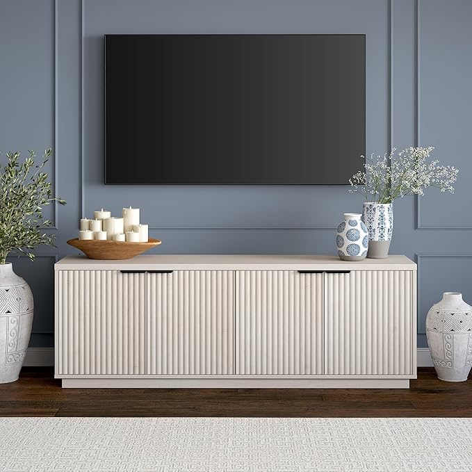 Henn&Hart Fluted TV Stand for TVs up to 78" with 2 Ribbed Storage Cabinets and Adjustable Shelves for Living Room, Family Room, or Office, Beech White