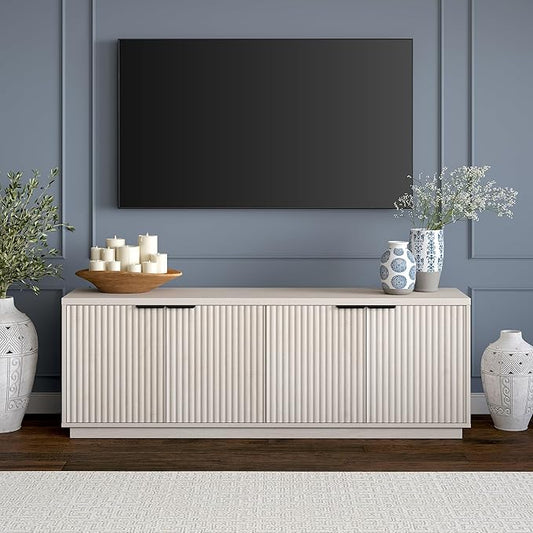 Henn&Hart Fluted TV Stand for TVs up to 78" with 2 Ribbed Storage Cabinets and Adjustable Shelves for Living Room, Family Room, or Office, Beech White