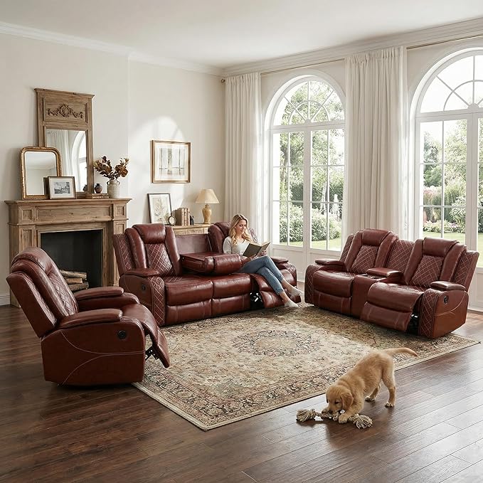 Power Recliner Sectional Couch with LED, Leather Reclining Sofa for Living Room, Muti-Functional Recliner Corner Sofa with Storage Console/Cup Holders/USB Ports (Dark Red, 3 Pieces)