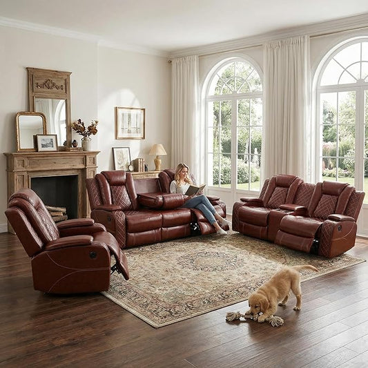 Power Recliner Sectional Couch with LED, Leather Reclining Sofa for Living Room, Muti-Functional Recliner Corner Sofa with Storage Console/Cup Holders/USB Ports (Dark Red, 3 Pieces)