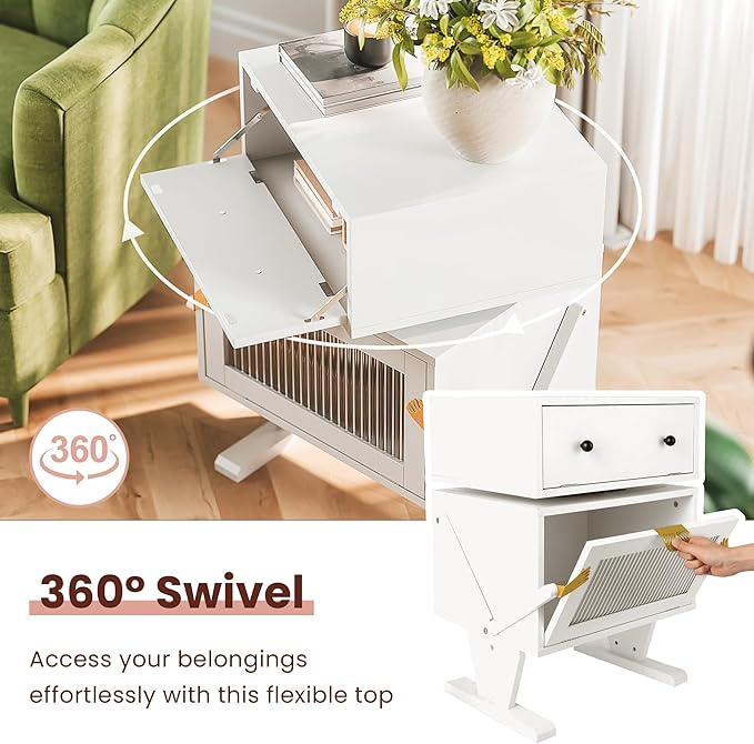 RoyalCraft Nightstand with LED Light Strips, White End Table with 360° Rotating Drawer, Modern Bedside Table with Glass Door Storage, Wood Night Stand Cabinet for Bedroom, Home Office, White