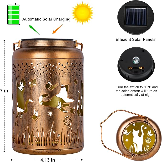 Cat Gifts Solar Lanterns Outdoor Waterproof, Birthday Gifts for Women, Mom, Metal Hanging Solar Lights Outdoor for Patio Porch Yard Backyard Garden Decor