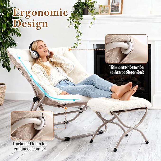 Saucer Chair with Ottoman, Oversized Dorm Chairs, X-Large Faux Fur Folding Chair, Foldable Metal Frame Chair for Bedroom, Living Room (Beige)