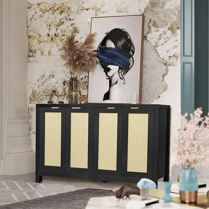 Rattan Sideboard Buffet Credenza Cabinet - Large Farmhouse Kitchen Coffee Bar Cabinet with 4 Rattan Door Storage for Entryway Living Room, 55" x 15" x 31.5" (Black)