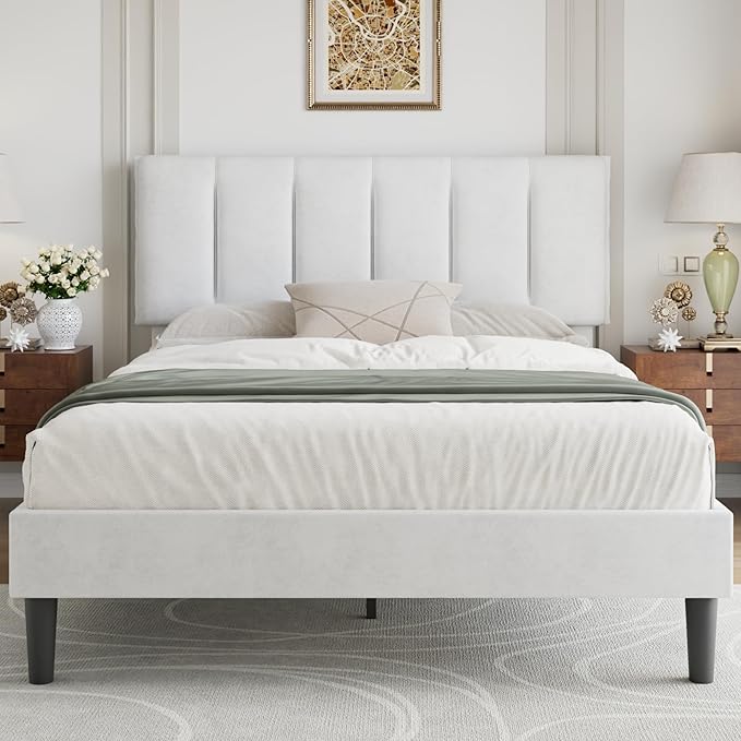 VECELO Queen Size Bed Frame with Upholstered Headboard, Heavy-Duty Bedframe with Wooden Slats & Steel Framework, Easy Assembly, Pure White