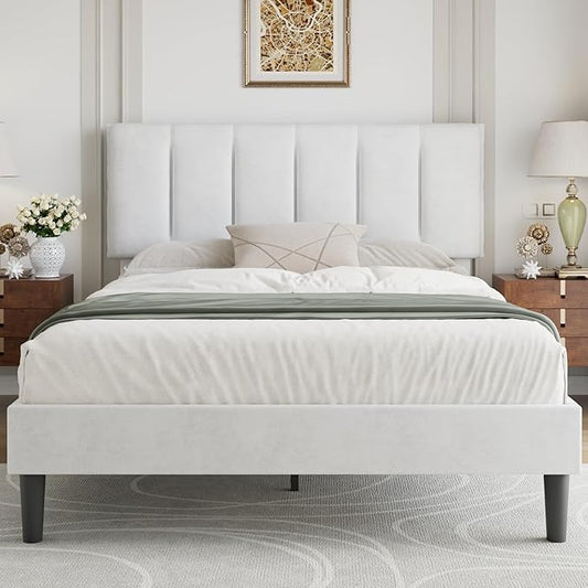 VECELO Queen Size Bed Frame with Upholstered Headboard, Heavy-Duty Bedframe with Wooden Slats & Steel Framework, Easy Assembly, Pure White