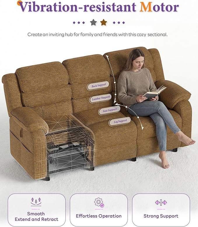 TYBOATLE Power Reclining Sofa, 3 Seater Electric Reclining Sofa with Dual Motors and Remote Control, Chenille Couch w/Side Pockets for Living Room,Game Room, 76.5" Wide (Brown)