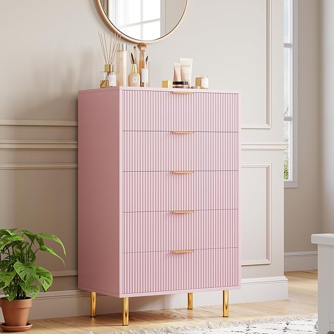 IDEALHOUSE Pink Dresser, Modern 5 Drawer Dresser for Bedroom with Gold Handle and Large Drawer, Wood Double Chest of Drawers and Storage Organizer for Living Room, Hallway, Entryway
