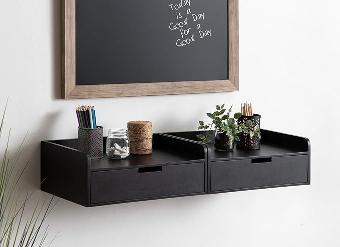Kate and Laurel Kitt Modern Floating Wall Shelf Side Table with Drawer, 18" x 12" x 6.5", Black