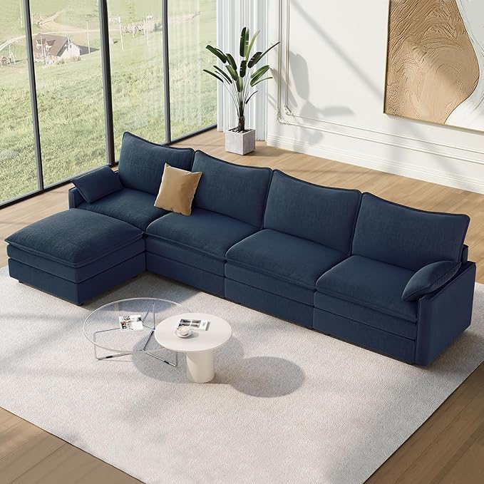 Vesgantti 142" Cloud Couch Sectional Modular Sofa, Comfy Sectional Couch with Ottoman Deep Seat Chenille L Shaped Sofa, Modular Couches for Living Room, Bedroom and Apartment, Blue | Sink-in Comfort, Height Adjustable, Easy Rearrangement, Extra-deep Ot...