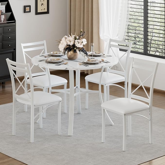 VECELO 5 Piece Dining Table Set for 4 with Chairs, Faux Marble Tabletop, Small Space, Kitchen, Breakfast Nook, White