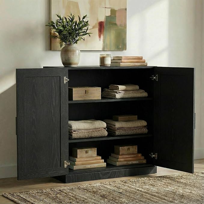 Casaphoria Adam Sideboard Buffet Cabinet with Storage, Sideboard Cabinet with Rattan Doors & Adjustable Shelves, 31" W x 36" H Coffee Bar for Entryway Kitchen Living Room, Black