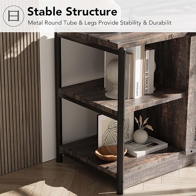 Farmhouse TV Stand for 65/75 inches TVs, Industrial Entertainment Center with Double Mesh Doors and Storage Cabinet, Rustic TV for Living Room, Rustic Oak