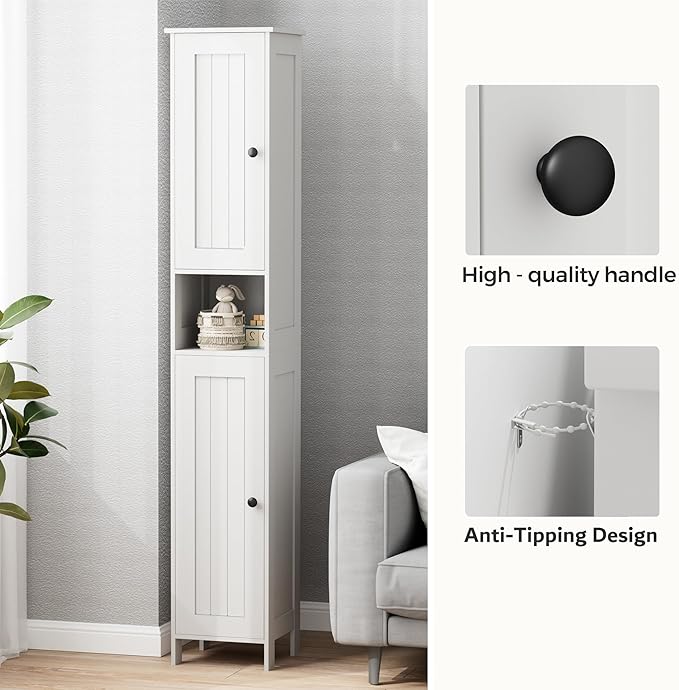 Tall Bathroom Storage Cabinet with 2 Doors, 67"H Narrow Storage Cabinet with Adjustable Shelves& Anti-Tip Design, Reversible Door Installation, Easy Assembly, 11.8 x 15.7 x 66.9 Inches, White