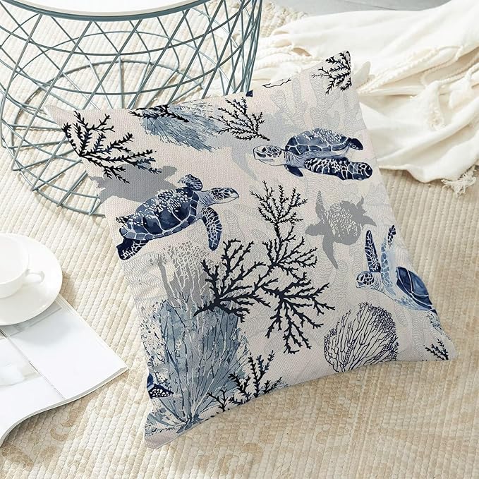 BETGINY Coastal Throw Pillow Cover 18 x 18 Inch Pack of 2, Beach Themed Blue Coral Sea Turtle Decorative Pillow Covers Square Linen Nautical Ocean Pillow Cases Cushion for Bedroom Home Sofa Decor