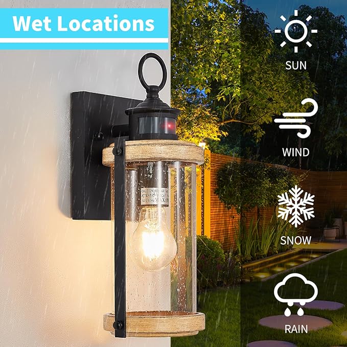 Motion Sensor Outdoor Wall Light Waterproof,Dusk to Dawn Outdoor Lighting,Outdoor Light for House with Seeded Glass,Matte Black & Wood Grain Finish,1 Pack