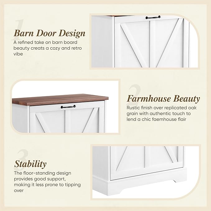Semiocthome Farmhouse Shoe Storage Cabinet with 2 Flip Drawers, 23.6"(W) Freestanding Shoe Organizer with Barn Door and Metal Handles for Entryway, Rustic Narrow Slim Shoe Rack Cabinet - White