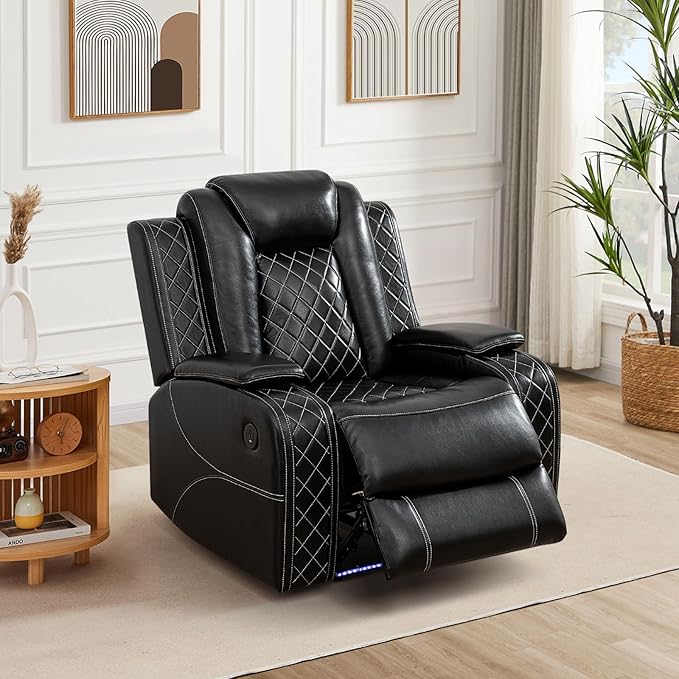 Breathing Leather Power Reclining Chair, Leather Reclining Sofa Couch Chair for Living Room, Single Recliner with USB Ports/LED Lighting for Bedroom/Office/Home Theater (Black, Recliner Chair)