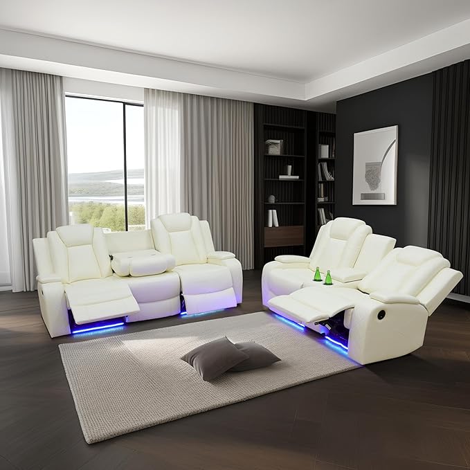 Power Leather Recliner Sofa Set with LED Light,Reclining Sofa and Loveseat,Leather Couch Set for 3 Seats Couch with Coffee Table/Loveseat with Storage Console 2 PCS for Living Room(White,3+2)