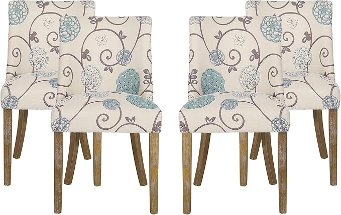 Christopher Knight Home Frances Dining Chair, 19.75 "W x 24.75 "D x 35 "H, Beige and Blue Floral + Natural Brown, Set of 4