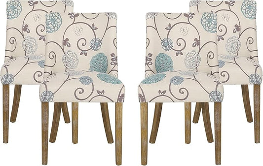 Christopher Knight Home Frances Dining Chair, 19.75 "W x 24.75 "D x 35 "H, Beige and Blue Floral + Natural Brown, Set of 4