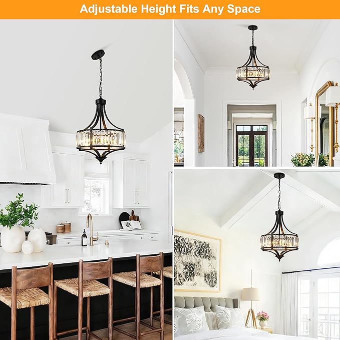 16" Modern Black Crystal Chandelier, 4-Light Farmhouse Dining Room Light Fixtures Over Table Hanging, Antique Round Pendant Lights Kitchen Island Entryway Bedroom Office Stairwell Hallway