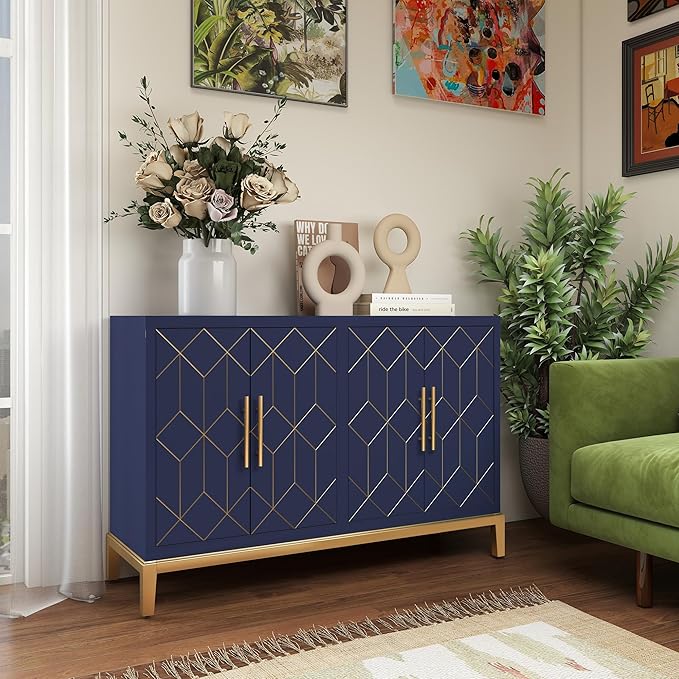 47.8" Storage Accent Cabinet with 4 Doors, Modern Sideboard Buffet Cabinet with Gold Lines, Wood Decorative Credenza with Storage for Living Room, Kitchen, Dining Room, Entryway, Blue
