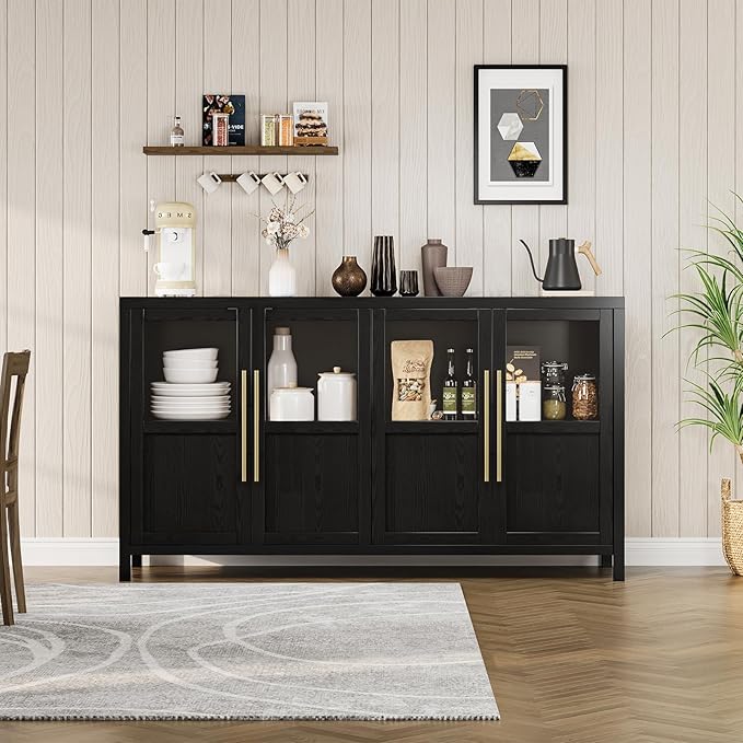 Garvee 55“ Large Buffet Cabinet with Storage, Sideboard Buffet Cabinet with Glass Doors, Modern Farmhouse Storage Cabinet Table for Kitchen Dining Room, Living Room (Black, Glass with 4 Doors)