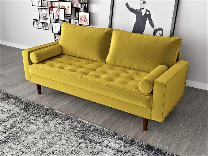 Container Furniture Direct Womble Modern Velvet Upholstered Living Room Diamond Tufted Chesterfield with Gleaming Nailheads, Loveseat, Sofa, Textured Gold