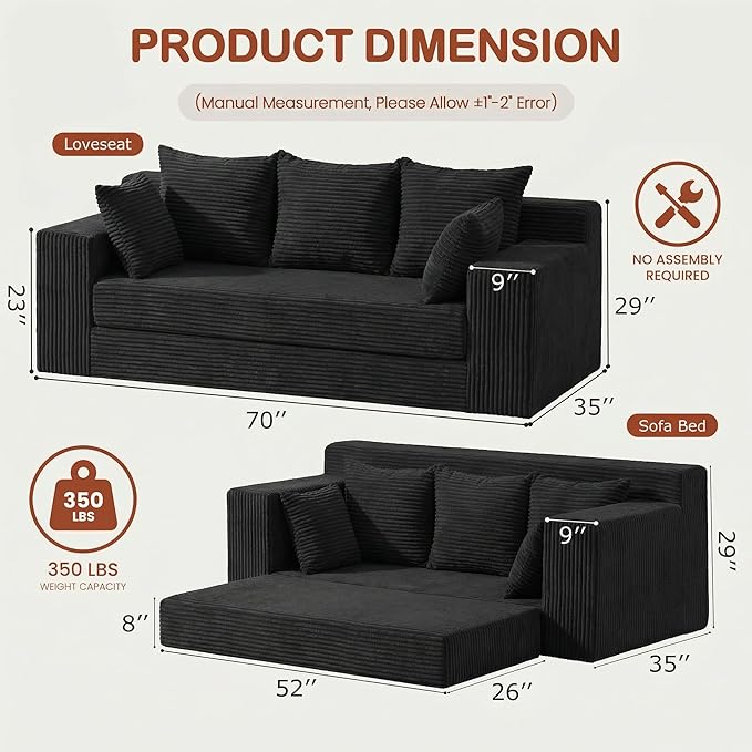 Convertible Sofa Bed, 5 in 1 Small Boneless Couch Pull Out Loveseat Sleeper Sofa,Corduroy Futon Couch Folding Mattress with 4 Pillows for Living Room (Black02, 3 Seater)