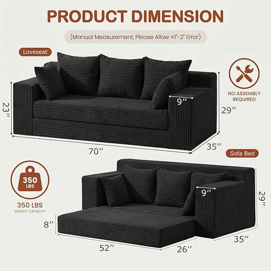 Convertible Sofa Bed, 5 in 1 Small Boneless Couch Pull Out Loveseat Sleeper Sofa,Corduroy Futon Couch Folding Mattress with 4 Pillows for Living Room (Black02, 3 Seater)