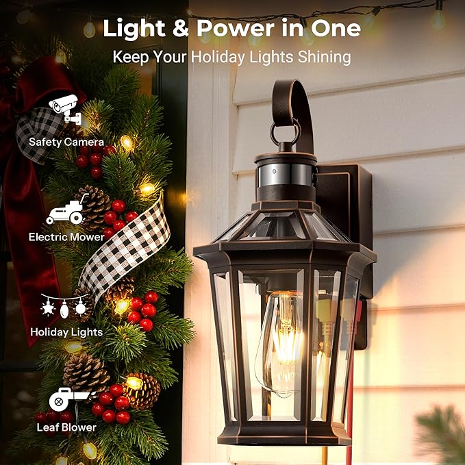 Gleamz Motion Sensor Outdoor Wall Light with GFCI Outlet, Oil-Rubbed Bronze Dusk to Dawn Outdoor Wall Lights Lantern, Exterior Lighting Fixtures for Garage Entrance, 5-Modes, Adjustable Sensitivity