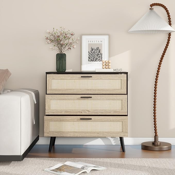 Panana 3/6/8 Drawers Dresser, Wooden Rattan Chest of Drawers with Rattan Front Spacious Storage Chest Bedside Table Nightstand Cabinet for Living Room, Closet, Hallway, Bedroom