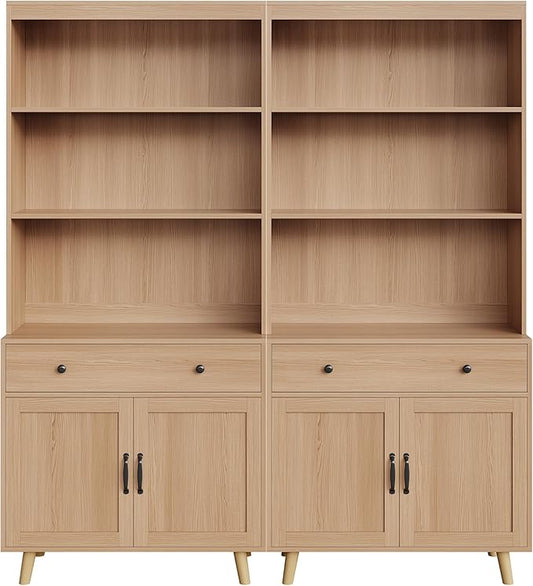 GarveeHome Tall Bookshelf with Storage Cabinet, 72.4" Wood Bookcase with 4 Doors and 2 Drawer & Open Shelves, Freestanding Display Bookshelves for Home Office, Living Room, Bedroom, Kitchen (2 Pcs)