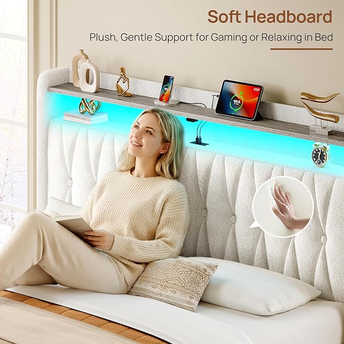 Rolanstar Full Bed Frame with Drawers, Storage Headboard with Charging Station and LED Lights, Upholstered Bed with Heavy Duty Wood Slats, No Box Spring Needed, Noise Free, Easy Assembly, Beige