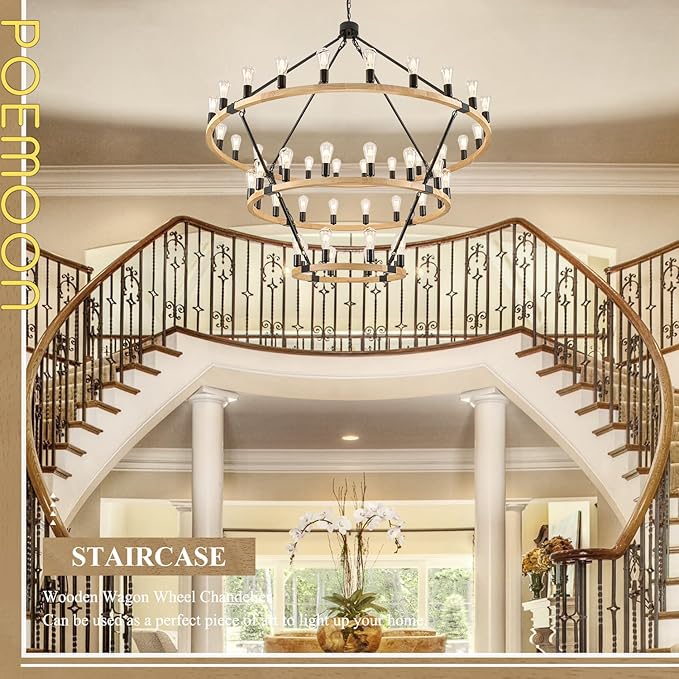 48 Lights 3 Tier Extra Large Wooden Wagon Wheel Chandelier Natural Farmhouse 63'' High Ceiling Black Rustic Round Wood Pendant Light Fixture for Living Room Foyer Villa Staircases
