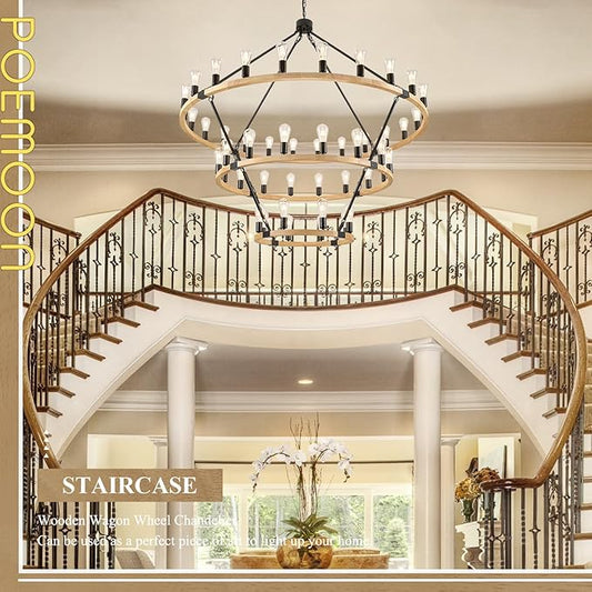 48 Lights 3 Tier Extra Large Wooden Wagon Wheel Chandelier Natural Farmhouse 63'' High Ceiling Black Rustic Round Wood Pendant Light Fixture for Living Room Foyer Villa Staircases