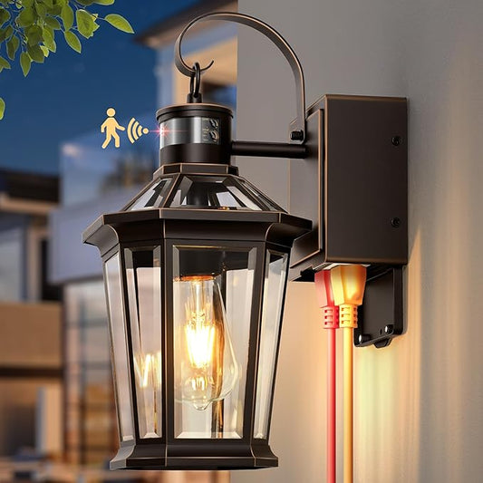 Gleamz Motion Sensor Outdoor Wall Light with GFCI Outlet, Oil-Rubbed Bronze Dusk to Dawn Outdoor Wall Lights Lantern, Exterior Lighting Fixtures for Garage Entrance, 5-Modes, Adjustable Sensitivity