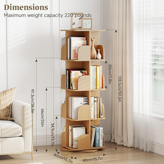 Rotating Bookshelf, 4 Tier Spinning Bookshelf Tower for Small Space, Kids Bookshelves 360 Display, Revolving Bookcase Floor Standing Storage Rack, Natural