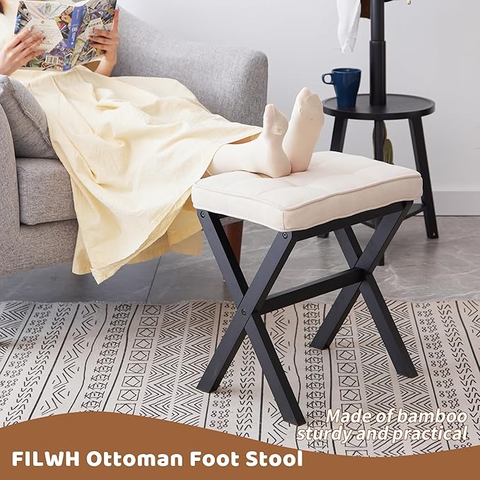 FILWH Foot Stool Small Ottoman Foot Rest Padded Foot Stool Desk for Under Office Desk Vanity Stool Bamboo Footstool Sofa Footrest Shoe Stool Small (Black Legs + Beige)