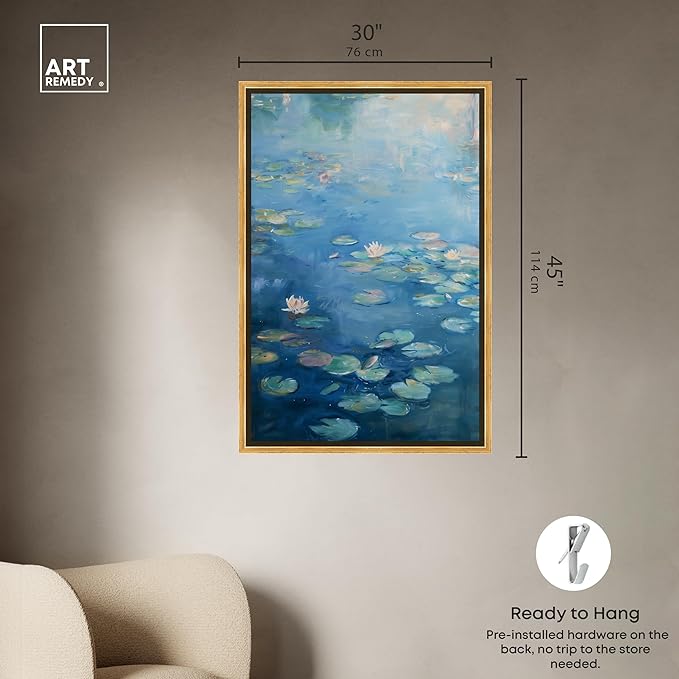 Art Remedy Lilypads In Blues Framed Impressionism 1 Piece Canvas Wall Art/Monet And Van Gogh Inspired Art, 31.5" x 46.5", Gold Frame